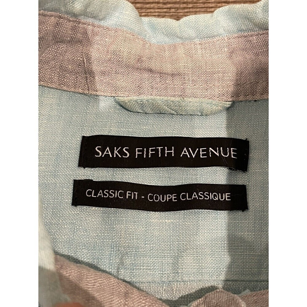 Saks Fifth Avenue Men's Dress Shirt 100% Linen Size Medium Classic Fit Blue - Picture 6 of 9